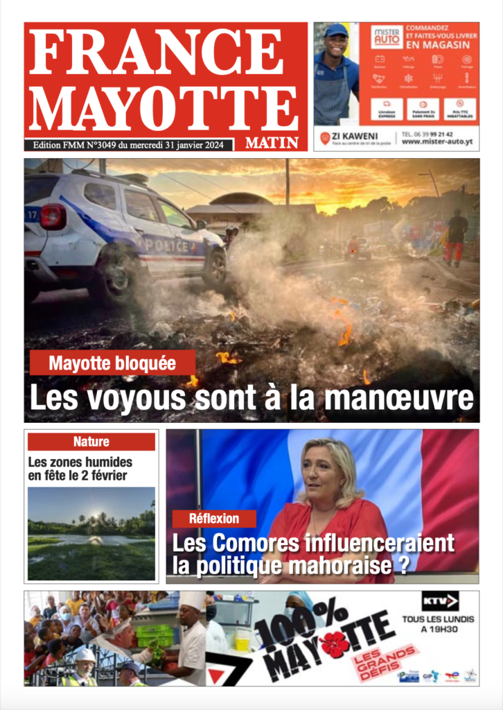 La UNE de France Mayotte Matin du 31 Janvier 2024
