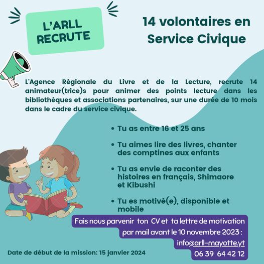 L’Agence Régionale du Livre et de la Lecture de Mayotte recrute 14 volontaires en Service Civique
