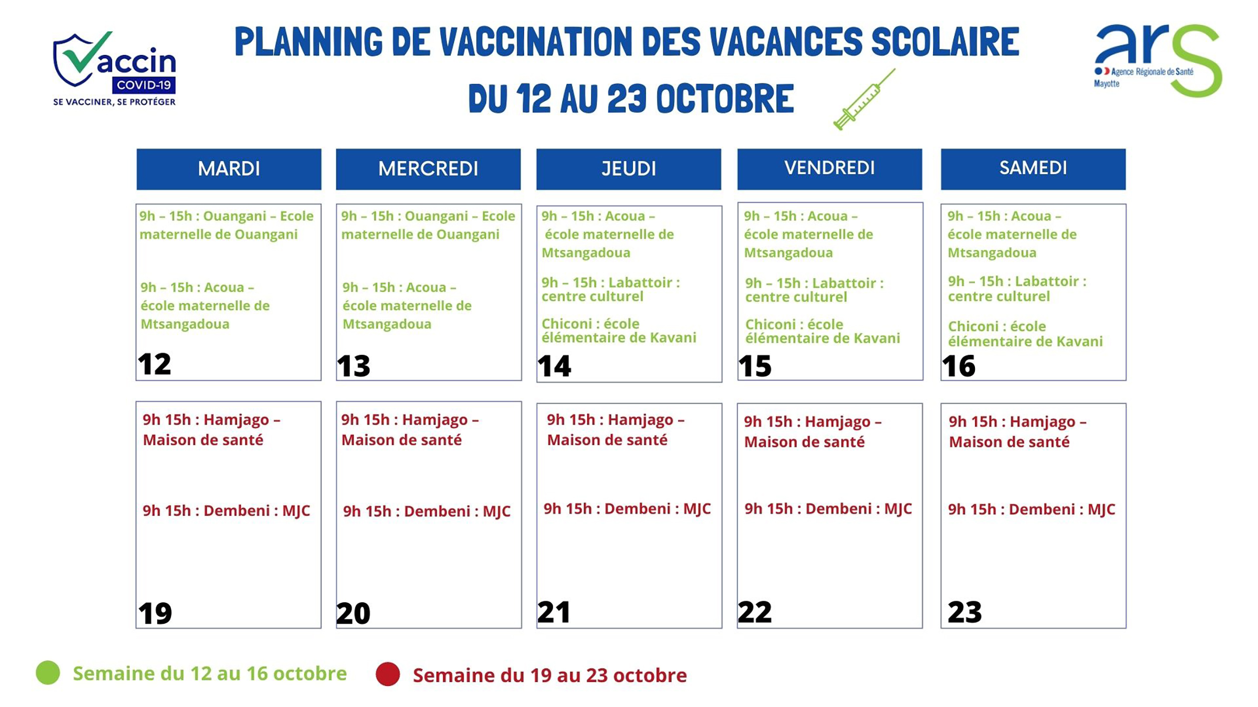 Planning des vaccinations durant les vacances scolaires du 12 au 23 octobre