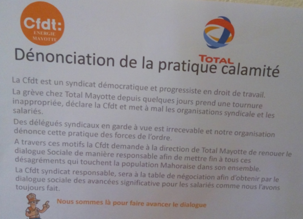 La CFDT section Total Mayotte s’insurge