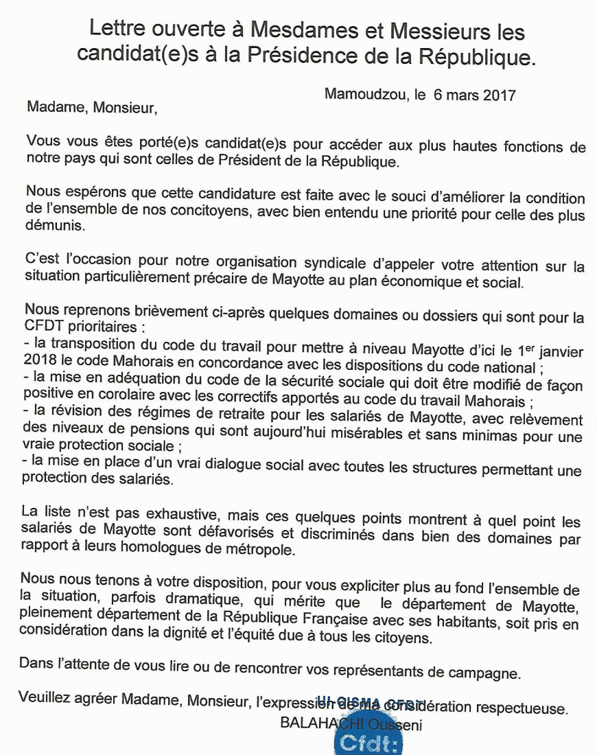 La CFDT envoie une lettre ouverte aux candidats à la présidentielle pour alerter de la situation à Mayotte