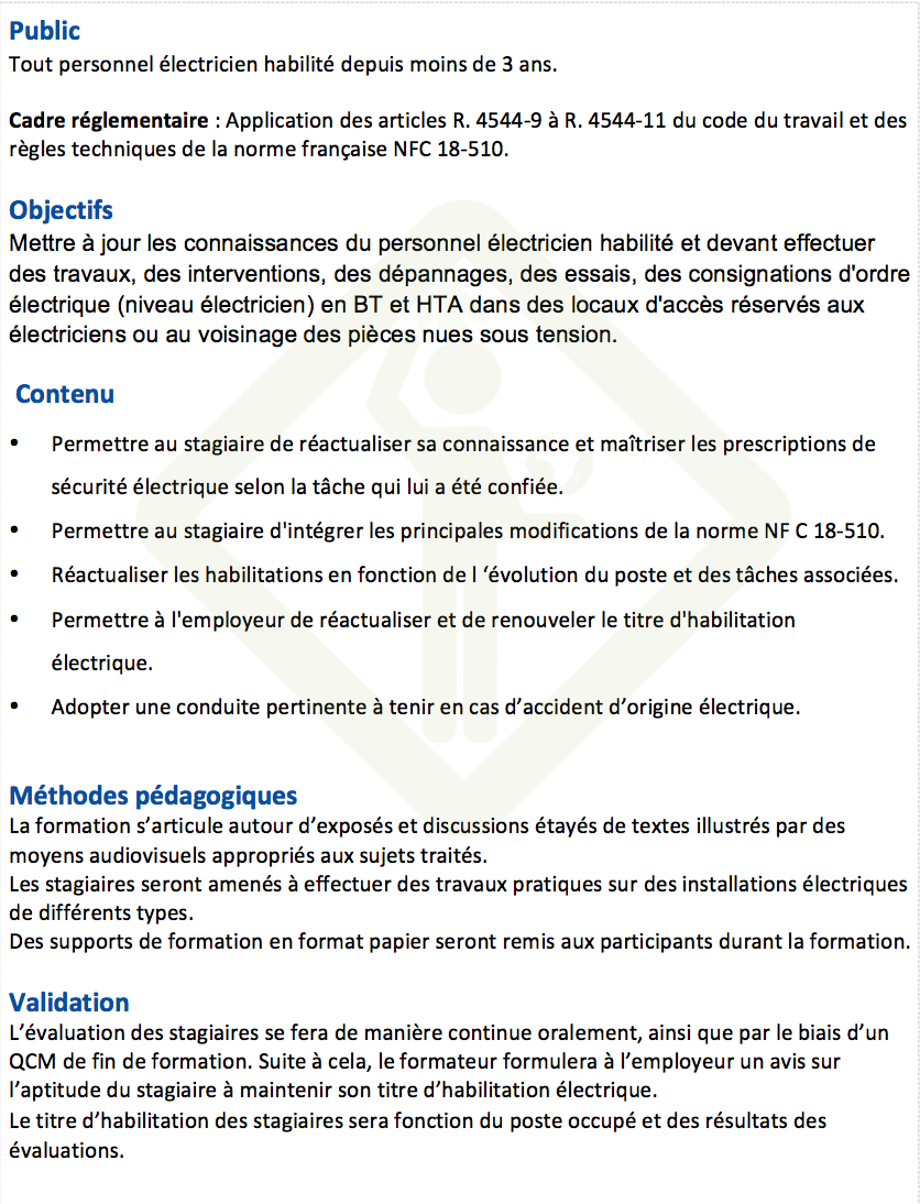 Formation : recyclage Habilitation électrique personnel Electricien