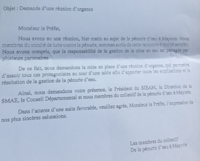 Les membres du Collectif de la Pénurie d’eau à Mayotte demandent une réunion d’urgence