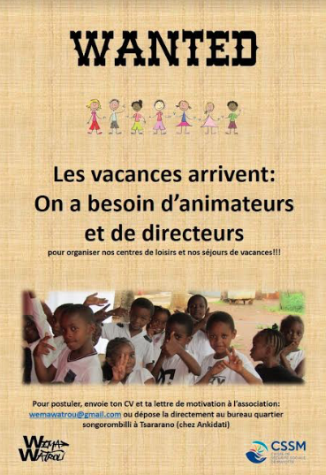 L’association Wema Watrou recrute des animateurs/trices pour son centre de loisirs