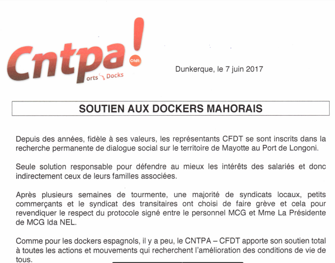 La CNTPA-CFDT apporte son soutien aux dockers mahorais