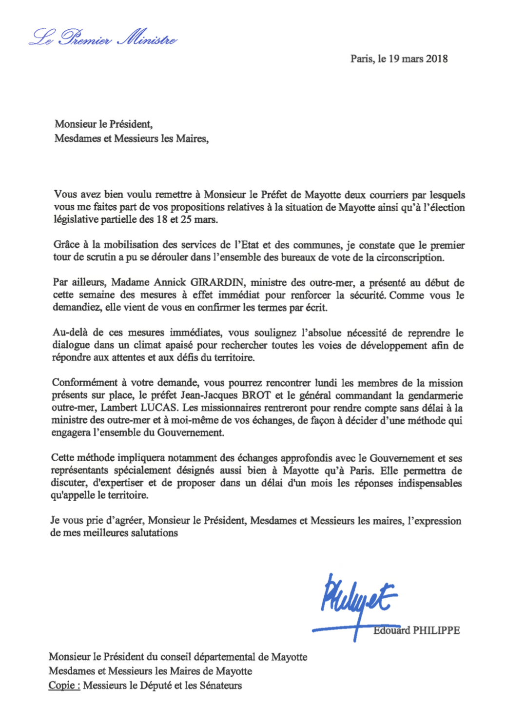 Le premier ministre écrit aux élus du département