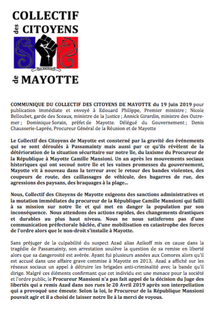 Le collectif des citoyens de Mayotte demande la démission du procureur de la République Camille Mansioni
