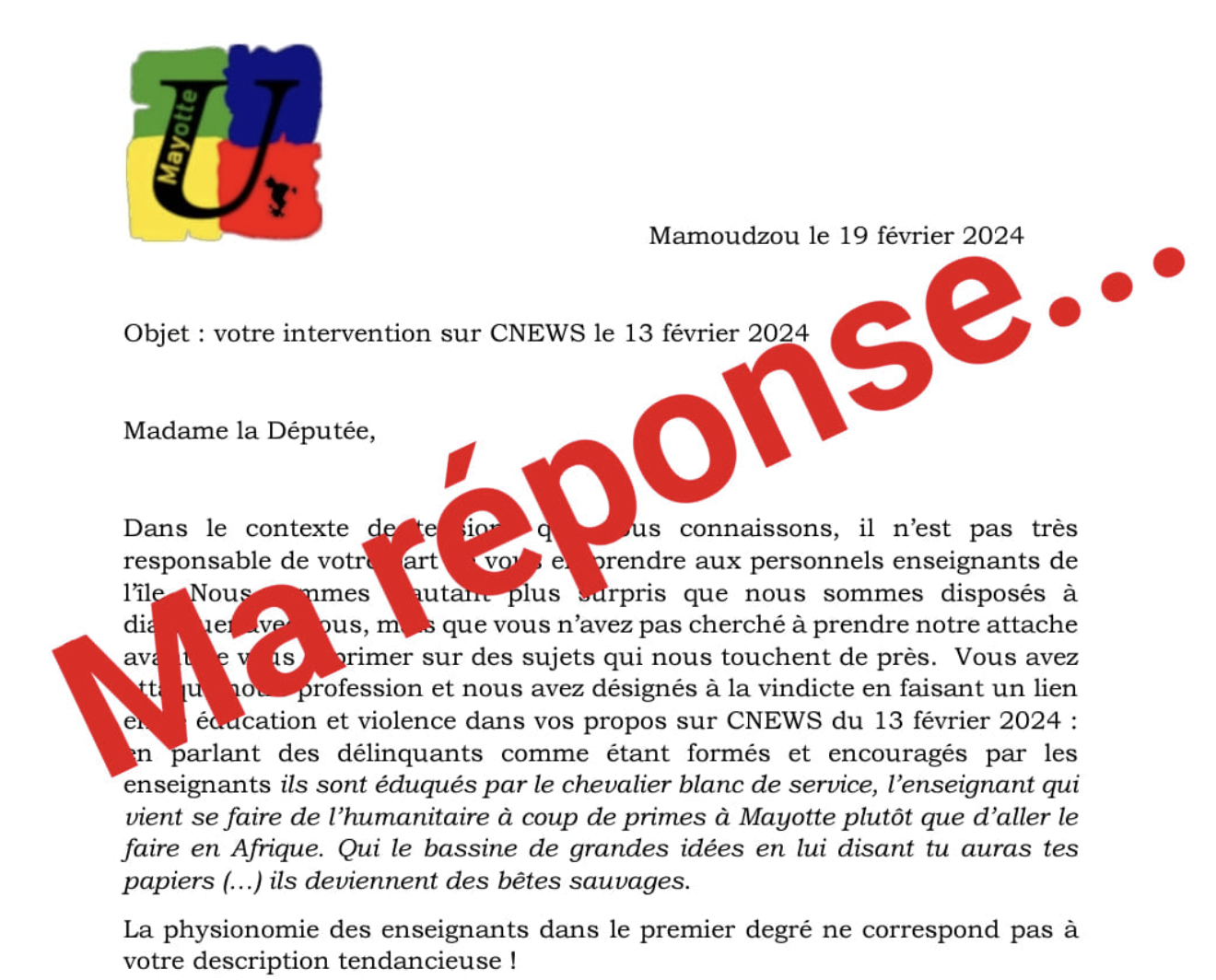 Estelle Youssouffa répond à la FSU