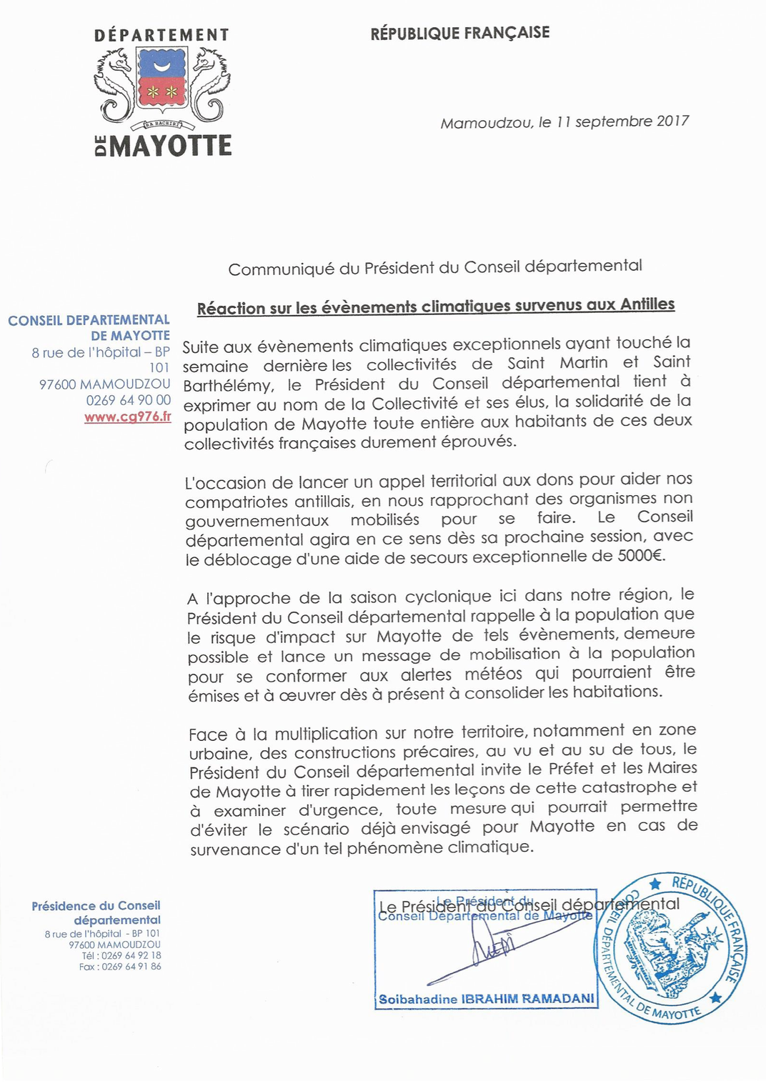 Le président du CD apporte son soutien aux victimes de l’Ouragan Irma