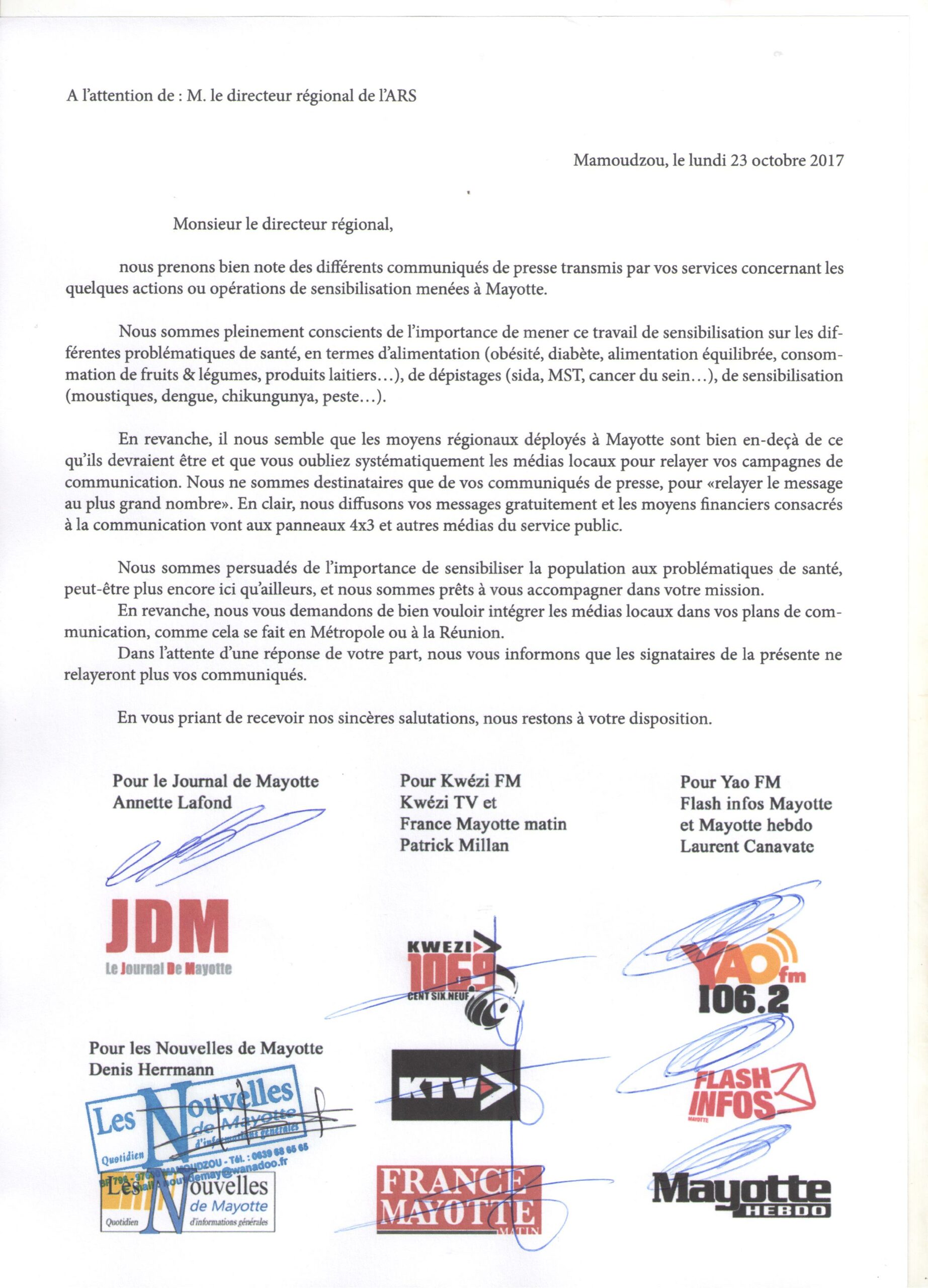 Les médias privés d’information générale écrivent au directeur régional de l’ARS-OI