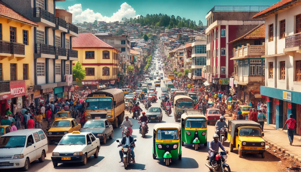 DALL·E 2024 11 25 11.08.41 A bustling street in Antananarivo Madagascars capital filled with colorful bush taxis vintage cars and motorcycles stuck in heavy traffic. Pedest