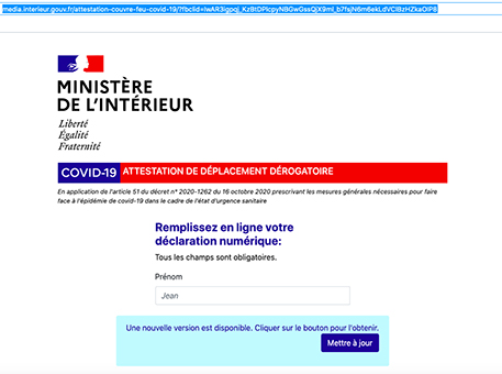 Lien pour télécharger la nouvelle attestation dérogatoire