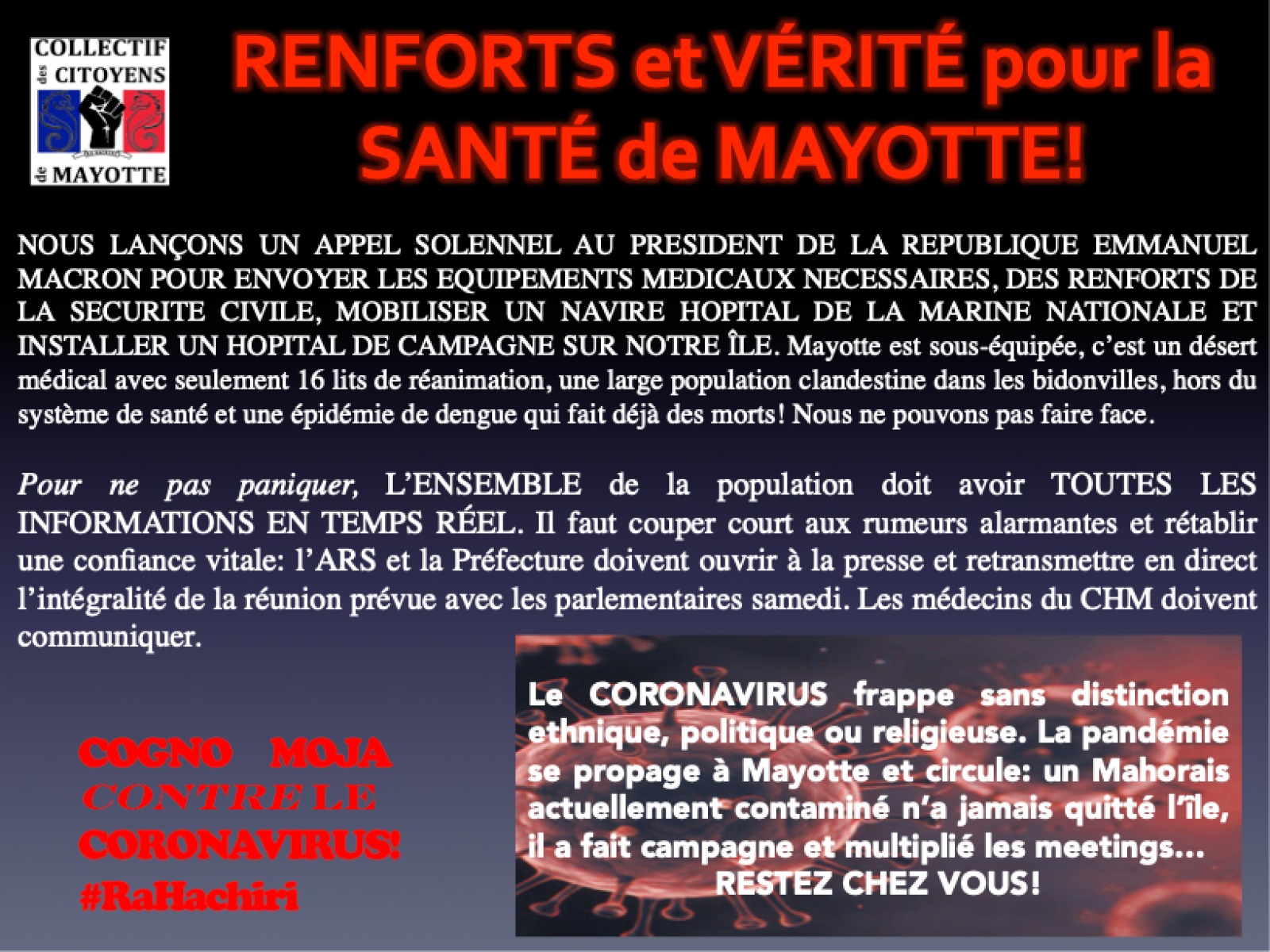 Coronavirus : le collectif des citoyens de Mayotte lance un appel au Président Macron
