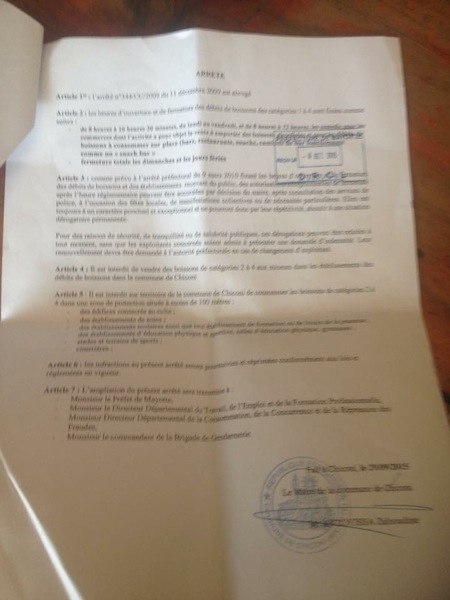 La vente d’alcool réglementée à Chiconi