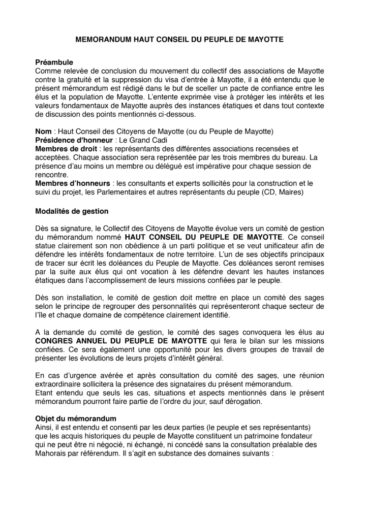 Memorandum Collectif de Mayotte 1