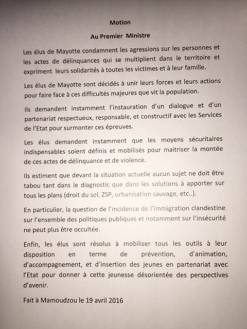 Motion des élus de Mayotte suite au clash avec le Préfet et le Procureur