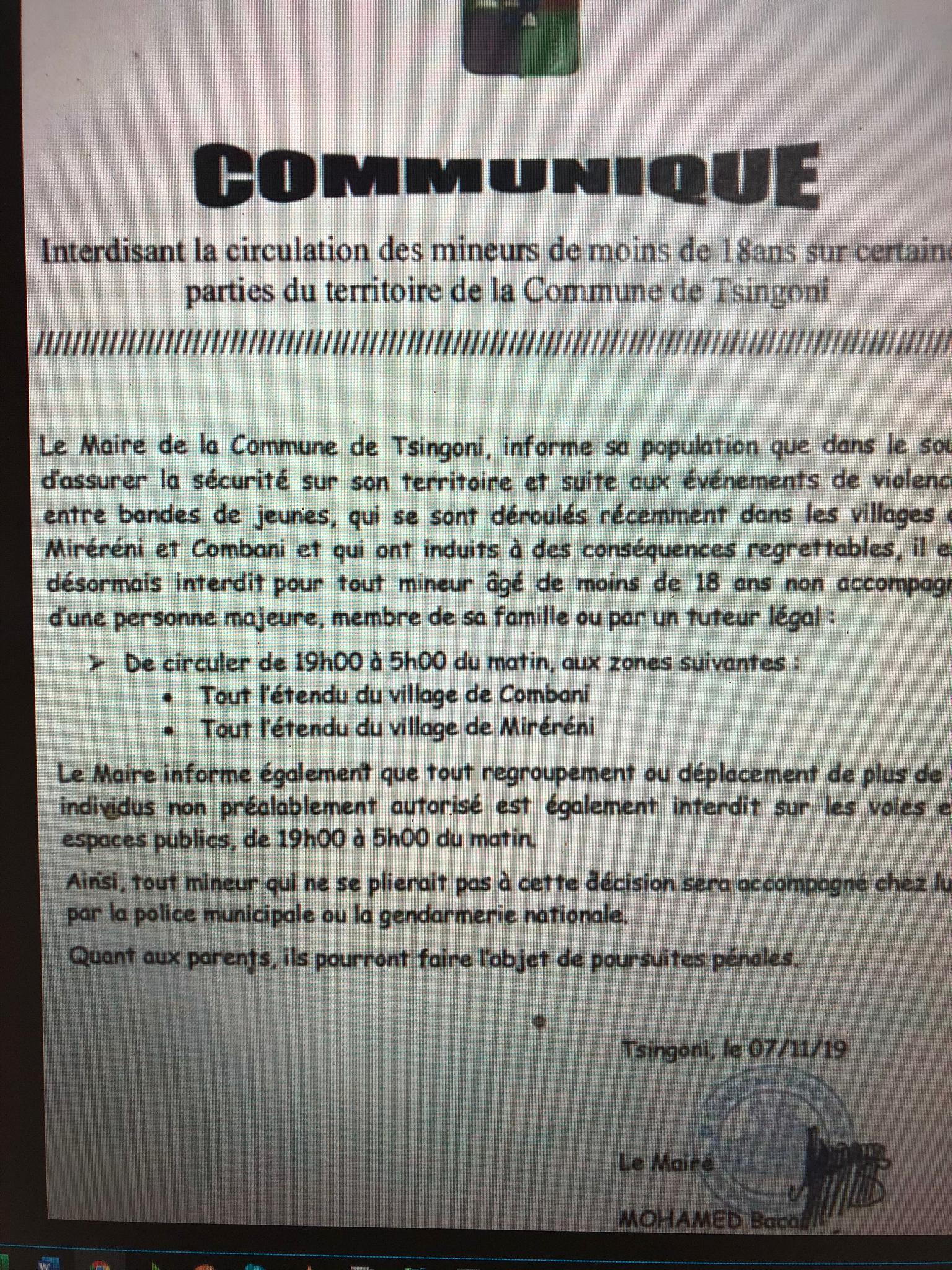 Le Maire de Tsingoni prend un arrêté pour empêcher les jeunes d’être seuls dans la rue entre 19h et 5h du matin