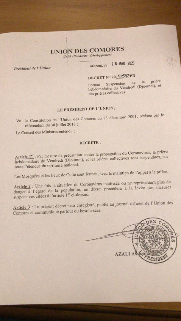 Le Président Azali met en place des mesures de prévention et de précaution