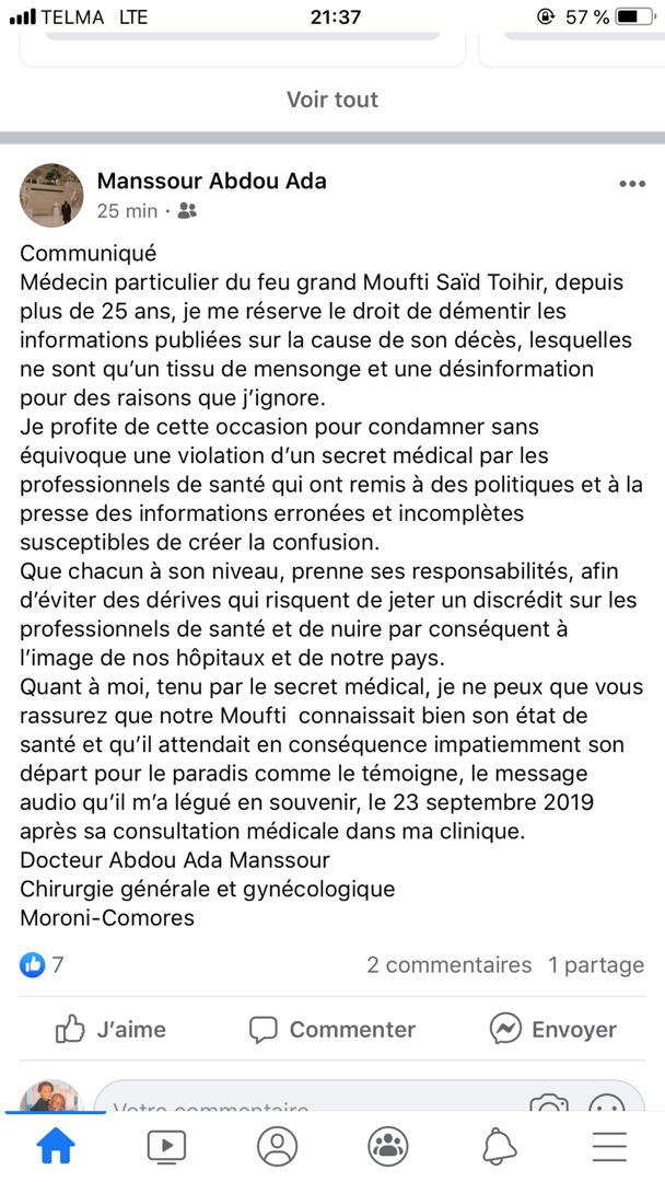 Union des Comores : le médecin du Grand Mufti dément et dénonce