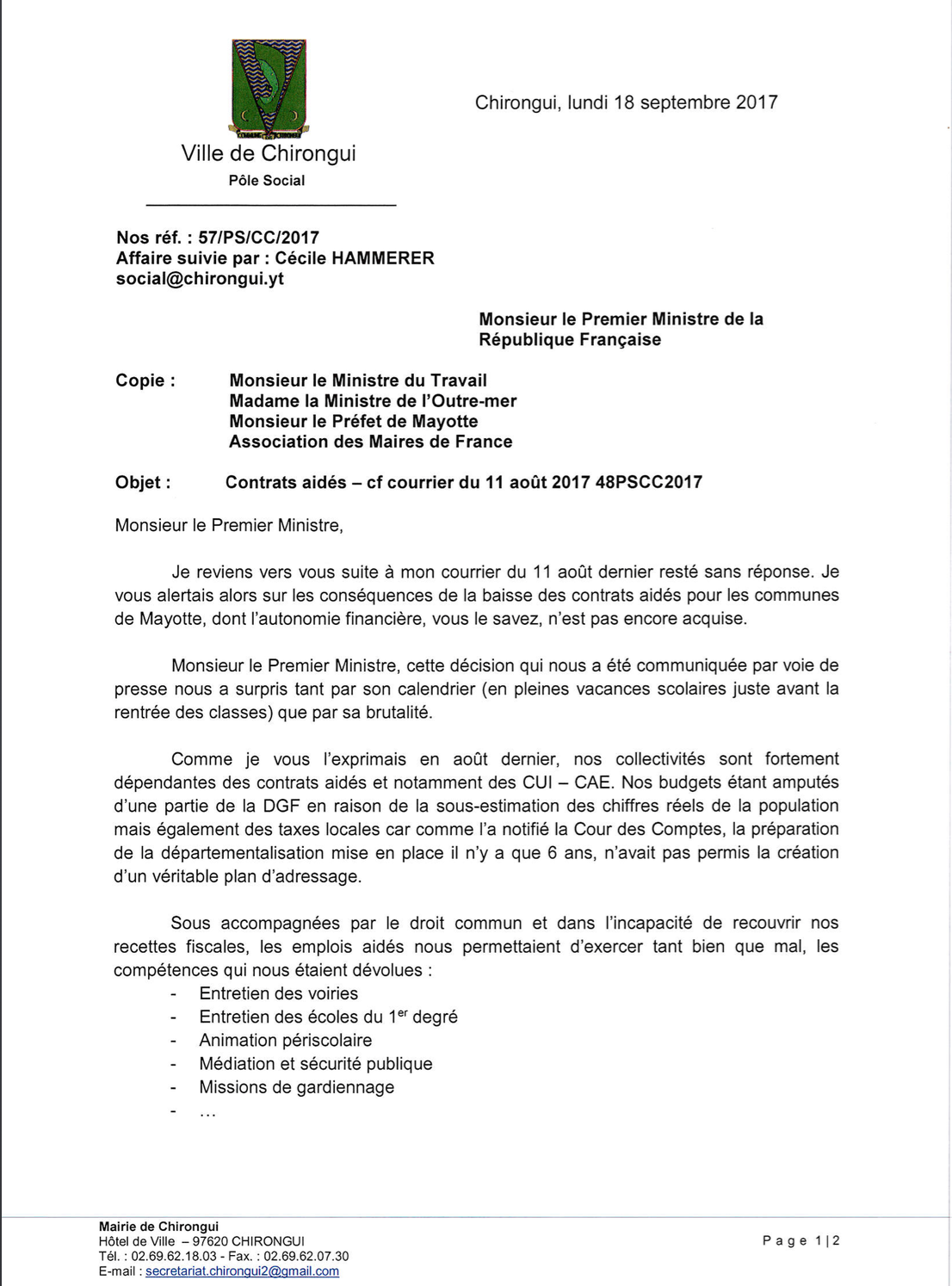 La maire de Chirongui interpelle le premier ministre sur la baisse des contrats aidés