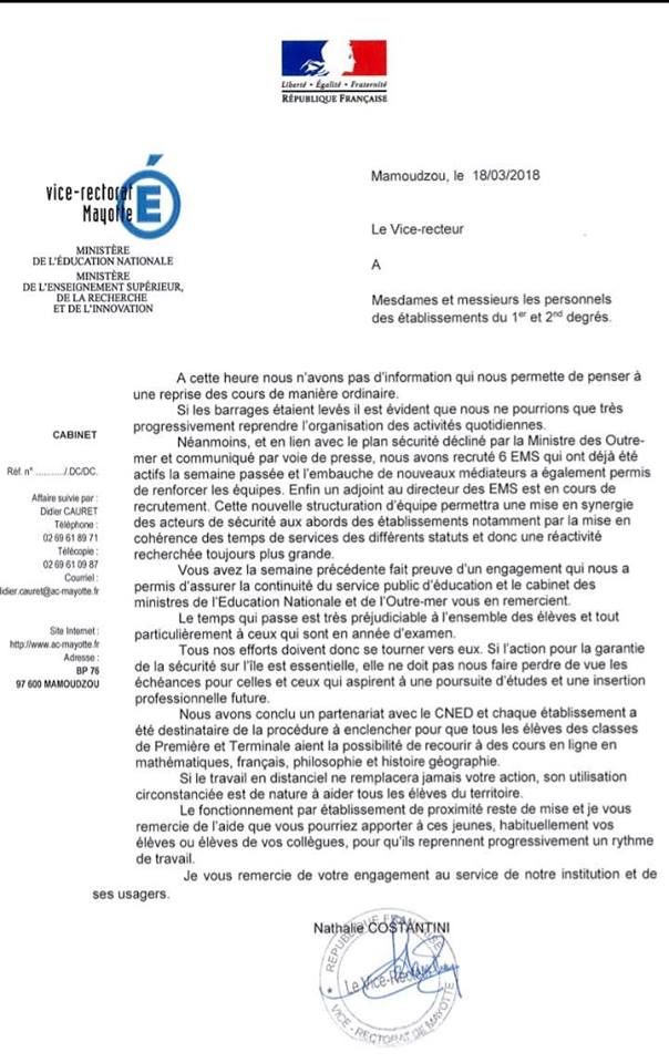 Courrier de Mme le Vice Recteur : Vers une nouvelle semaine sans possibilité de reprise des cours de manière ordinaire