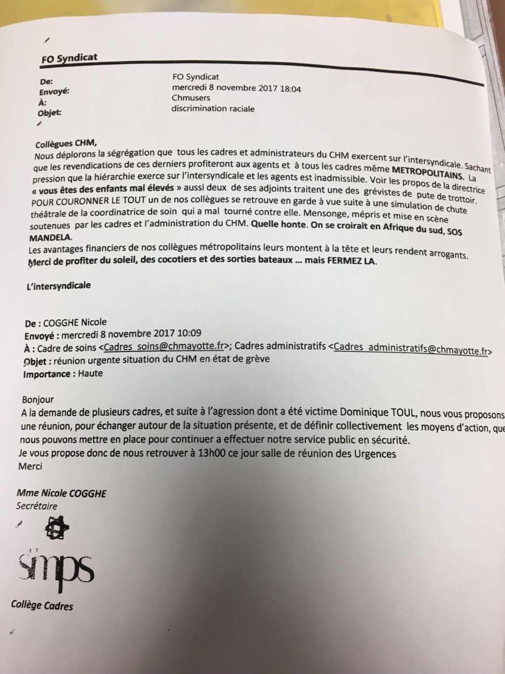 Des tensions communautaires au CHM résumées en un mail distribué ce matin par les grévistes