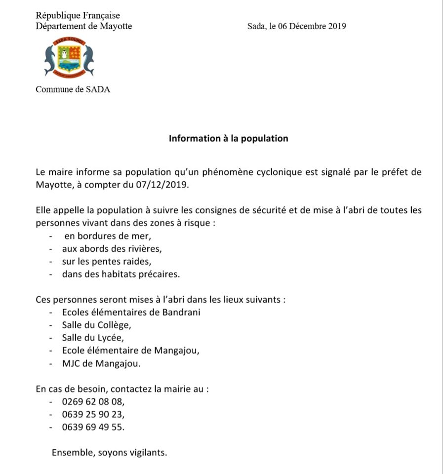 Sada informe ses habitants des mesures mises en oeuvre