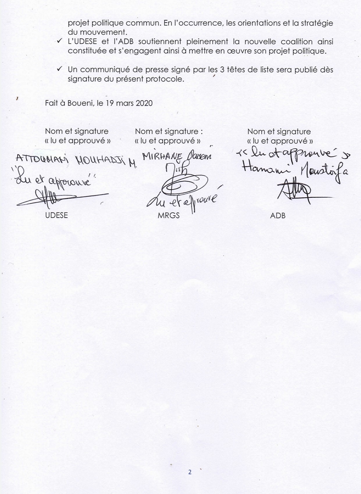 Municipales 2020 à Boueni : fusion de 3 listes sous la bannière du MRGS de Mirhane Ousseni