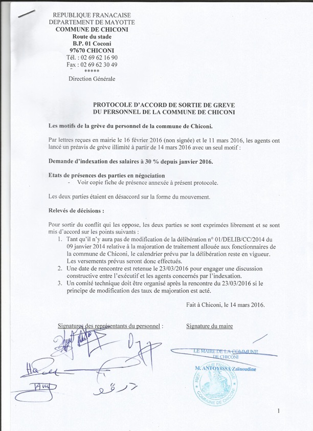 Un protocole de sortie de crise signé à la mairie de Chiconi