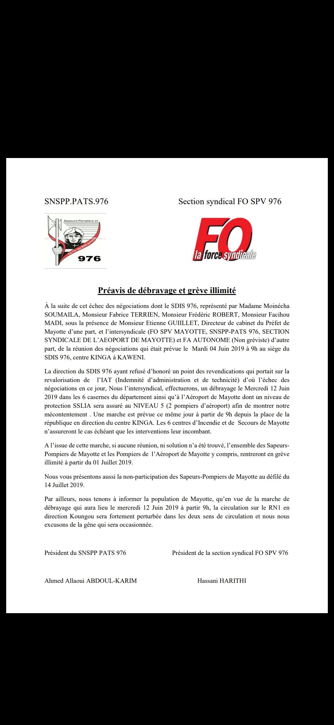 Préavis de débrayage et grève illimitée des Sapeurs-Pompiers de Mayotte