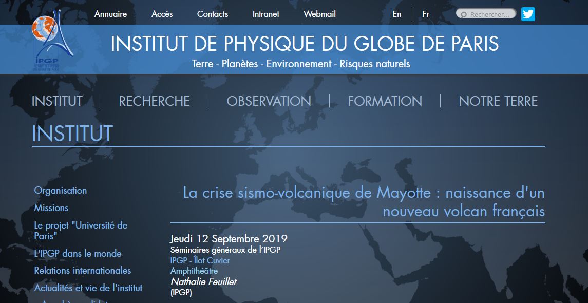 L’institut de Physique du globe organise le 12 septembre un séminaire sur le volcan de Mayotte à Paris