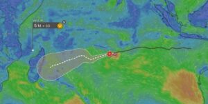 Image satellite du cyclone tropical intense Grant évoluant en mer dans l’océan Indien, avec des vents violents mais sans menace identifiée pour les terres habitées.