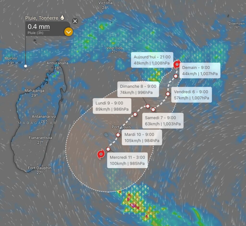 système perturbé océan Indien 2026 tempête tropicale Gezani vents 45 km/h rafales 65 km/h