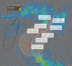 système perturbé océan Indien 2026 tempête tropicale Gezani vents 45 km/h rafales 65 km/h