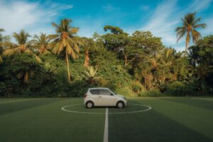 Des bénévoles sensibilisent des automobilistes au covoiturage sur un rond-point à Mayotte, en distribuant des flyers.