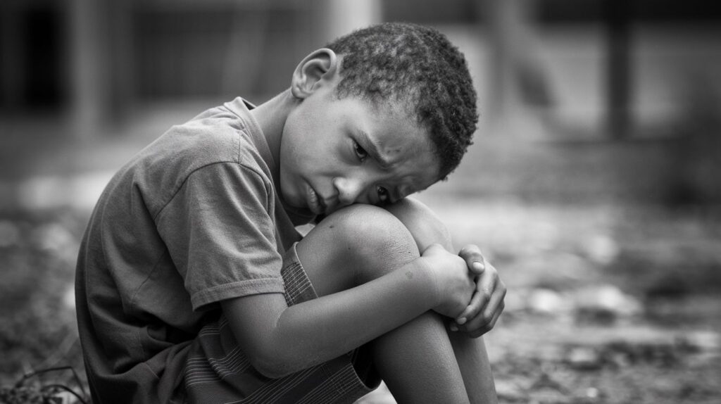 Intérieur d’un foyer à Mayotte symbolisant une intervention de protection de l’enfance, avec présence des forces de l’ordre et d’un travailleur social auprès d’une famille.