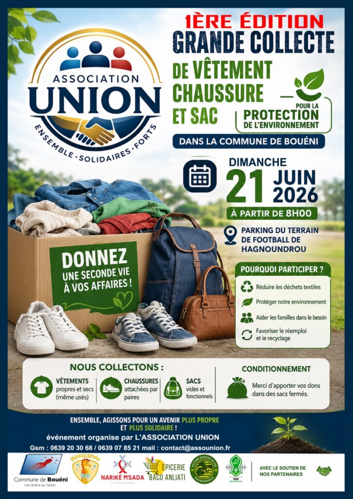 Collecte solidaire de vêtements, chaussures et sacs organisée à Hagnoundrou, dans la commune de Bouéni, pour favoriser le réemploi et aider les familles.