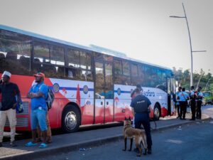 Des policiers accompagnés de chiens de la brigade canine effectuent des contrôles de sécurité à la sortie de la barge et dans les transports en commun à Mayotte.